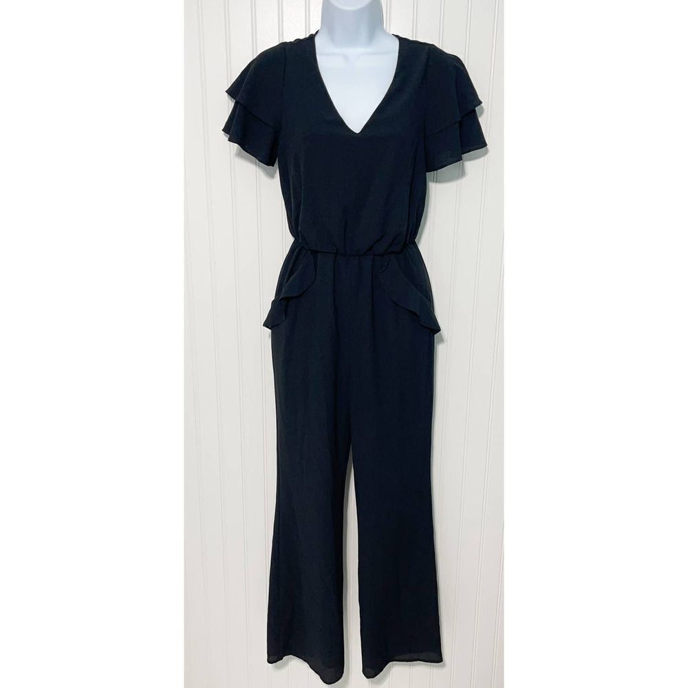 Ali‎ & Jay Jumpsuit Wide Leg Ruffle Accent Surplice V-Neck Short Sleeve Black XS